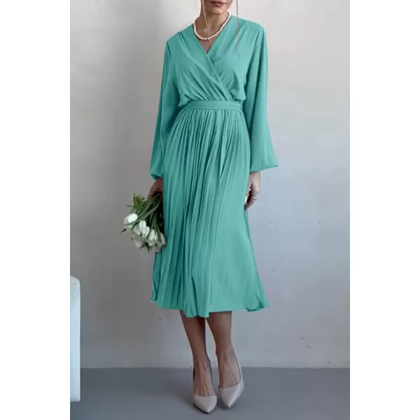 imagePRETTYGARDEN Womens Spring Midi Dress Long Puff Sleeve Wrap V Neck Flowy Ruffle Pleated Casual Fall DressesCyan