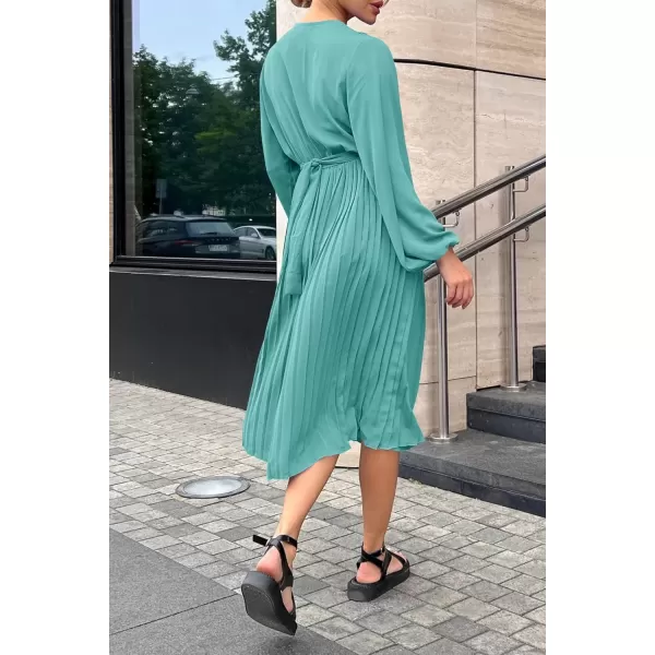 imagePRETTYGARDEN Womens Spring Midi Dress Long Puff Sleeve Wrap V Neck Flowy Ruffle Pleated Casual Fall DressesCyan