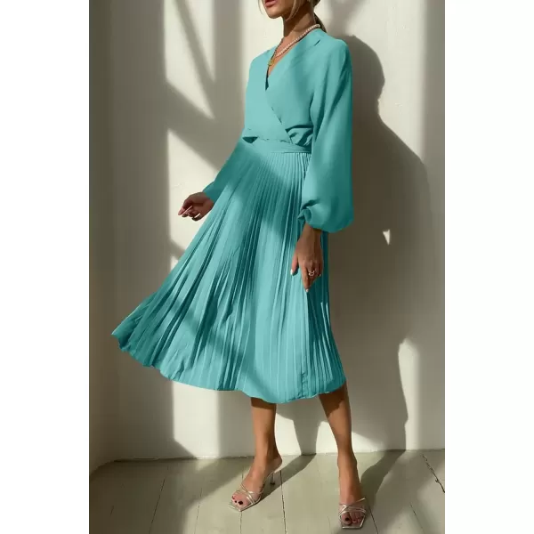 imagePRETTYGARDEN Womens Spring Midi Dress Long Puff Sleeve Wrap V Neck Flowy Ruffle Pleated Casual Fall DressesCyan
