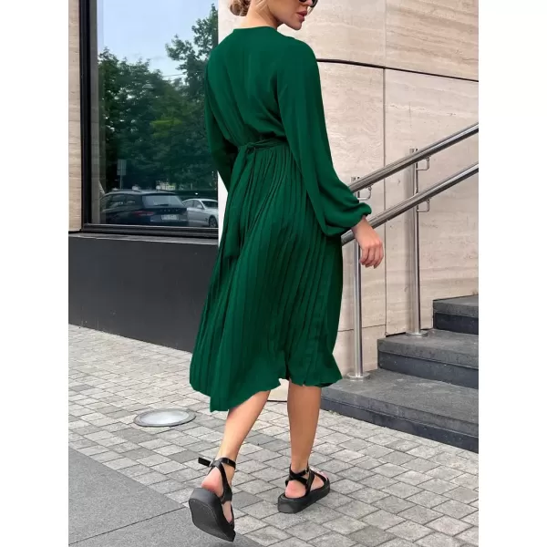 imagePRETTYGARDEN Womens Spring Midi Dress Long Puff Sleeve Wrap V Neck Flowy Ruffle Pleated Casual Fall DressesDark Green