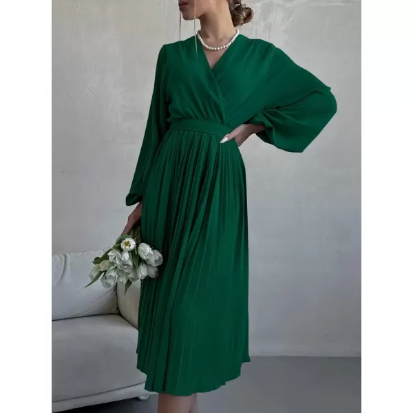 imagePRETTYGARDEN Womens Spring Midi Dress Long Puff Sleeve Wrap V Neck Flowy Ruffle Pleated Casual Fall DressesDark Green