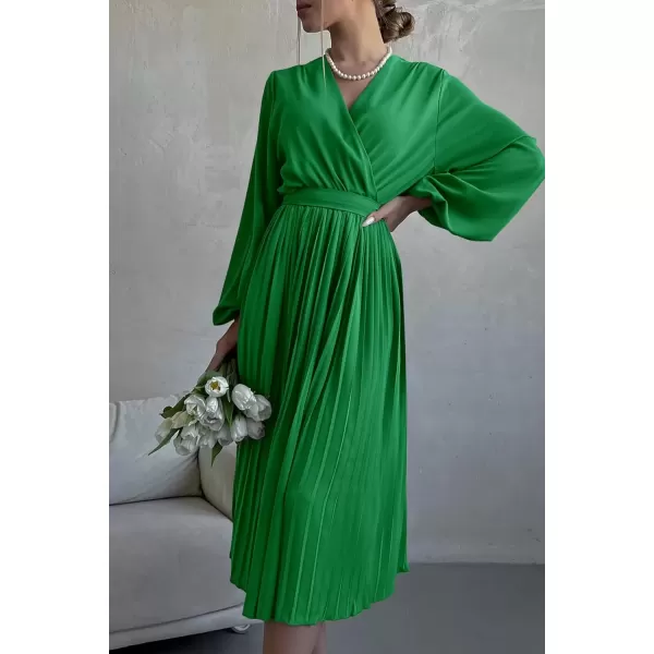 imagePRETTYGARDEN Womens Spring Midi Dress Long Puff Sleeve Wrap V Neck Flowy Ruffle Pleated Casual Fall DressesGreen