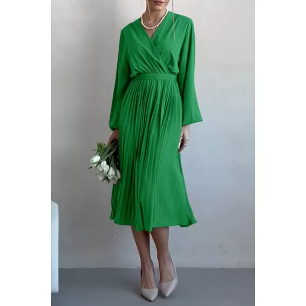 imagePRETTYGARDEN Womens Spring Midi Dress Long Puff Sleeve Wrap V Neck Flowy Ruffle Pleated Casual Fall DressesGreen