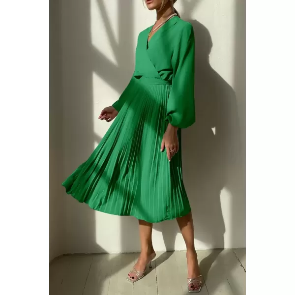 imagePRETTYGARDEN Womens Spring Midi Dress Long Puff Sleeve Wrap V Neck Flowy Ruffle Pleated Casual Fall DressesGreen