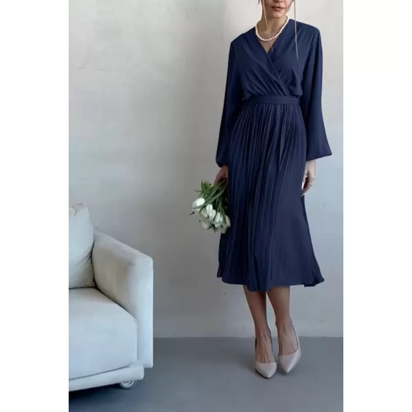 imagePRETTYGARDEN Womens Spring Midi Dress Long Puff Sleeve Wrap V Neck Flowy Ruffle Pleated Casual Fall DressesNavy