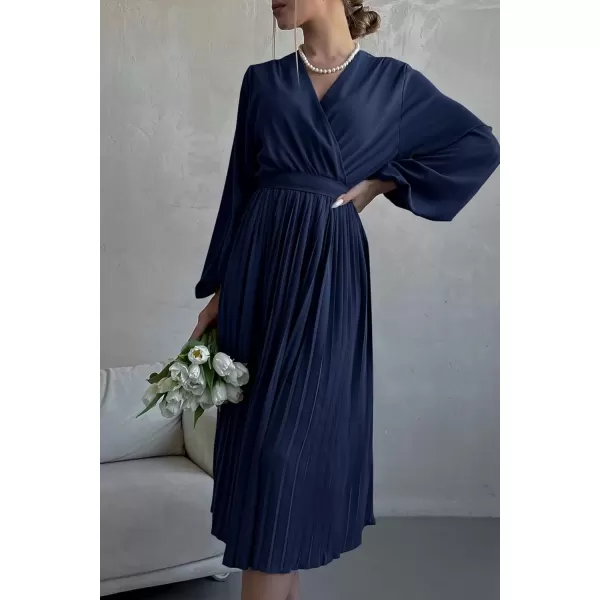 imagePRETTYGARDEN Womens Spring Midi Dress Long Puff Sleeve Wrap V Neck Flowy Ruffle Pleated Casual Fall DressesNavy