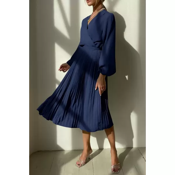 imagePRETTYGARDEN Womens Spring Midi Dress Long Puff Sleeve Wrap V Neck Flowy Ruffle Pleated Casual Fall DressesNavy
