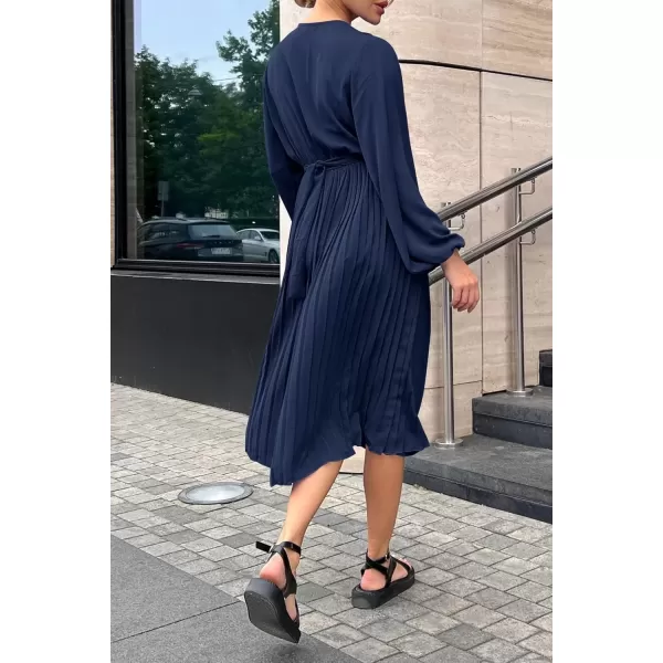 imagePRETTYGARDEN Womens Spring Midi Dress Long Puff Sleeve Wrap V Neck Flowy Ruffle Pleated Casual Fall DressesNavy
