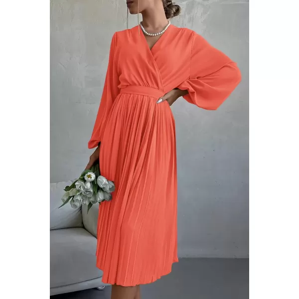 imagePRETTYGARDEN Womens Spring Midi Dress Long Puff Sleeve Wrap V Neck Flowy Ruffle Pleated Casual Fall DressesOrange