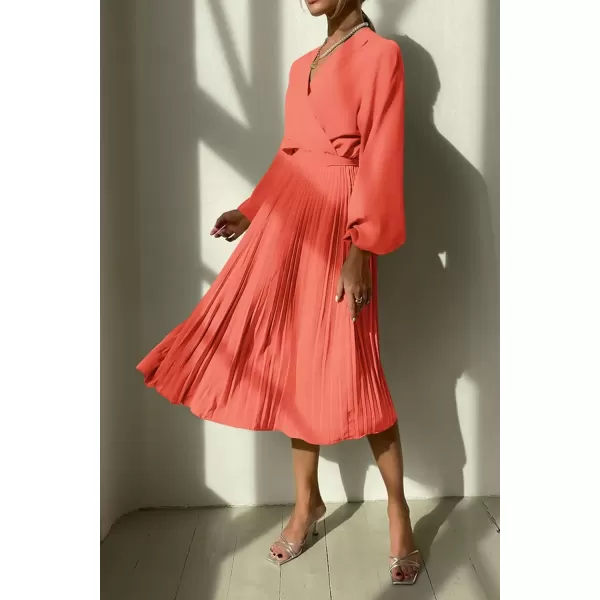 imagePRETTYGARDEN Womens Spring Midi Dress Long Puff Sleeve Wrap V Neck Flowy Ruffle Pleated Casual Fall DressesOrange