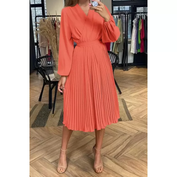 imagePRETTYGARDEN Womens Spring Midi Dress Long Puff Sleeve Wrap V Neck Flowy Ruffle Pleated Casual Fall DressesOrange