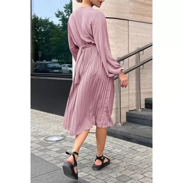 imagePRETTYGARDEN Womens Spring Midi Dress Long Puff Sleeve Wrap V Neck Flowy Ruffle Pleated Casual Fall DressesPink