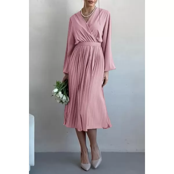 imagePRETTYGARDEN Womens Spring Midi Dress Long Puff Sleeve Wrap V Neck Flowy Ruffle Pleated Casual Fall DressesPink