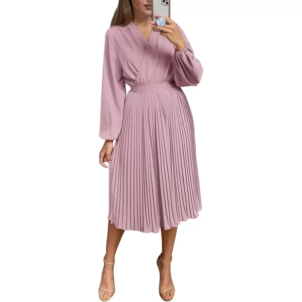 imagePRETTYGARDEN Womens Spring Midi Dress Long Puff Sleeve Wrap V Neck Flowy Ruffle Pleated Casual Fall DressesPink
