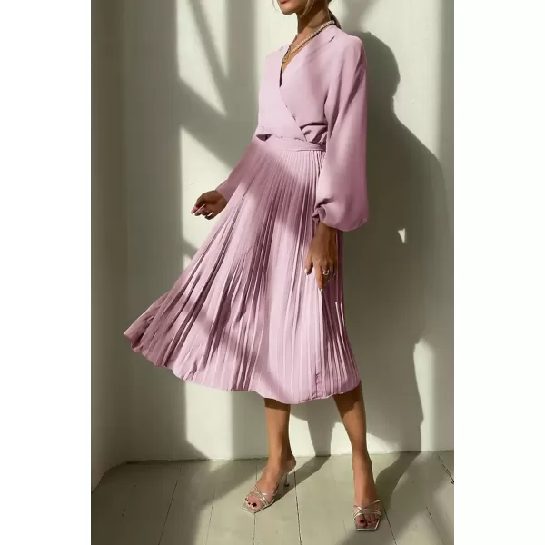 imagePRETTYGARDEN Womens Spring Midi Dress Long Puff Sleeve Wrap V Neck Flowy Ruffle Pleated Casual Fall DressesPink