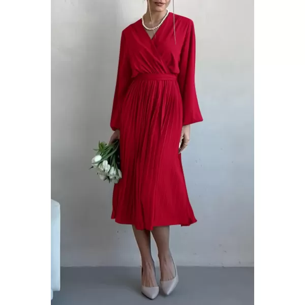 imagePRETTYGARDEN Womens Spring Midi Dress Long Puff Sleeve Wrap V Neck Flowy Ruffle Pleated Casual Fall DressesRed
