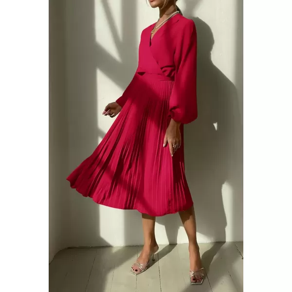 imagePRETTYGARDEN Womens Spring Midi Dress Long Puff Sleeve Wrap V Neck Flowy Ruffle Pleated Casual Fall DressesRed