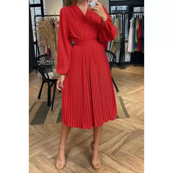 imagePRETTYGARDEN Womens Spring Midi Dress Long Puff Sleeve Wrap V Neck Flowy Ruffle Pleated Casual Fall DressesRed