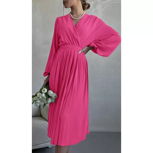 imagePRETTYGARDEN Womens Spring Midi Dress Long Puff Sleeve Wrap V Neck Flowy Ruffle Pleated Casual Fall DressesRose Red