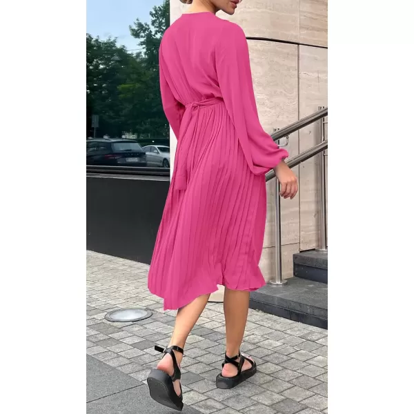 imagePRETTYGARDEN Womens Spring Midi Dress Long Puff Sleeve Wrap V Neck Flowy Ruffle Pleated Casual Fall DressesRose Red