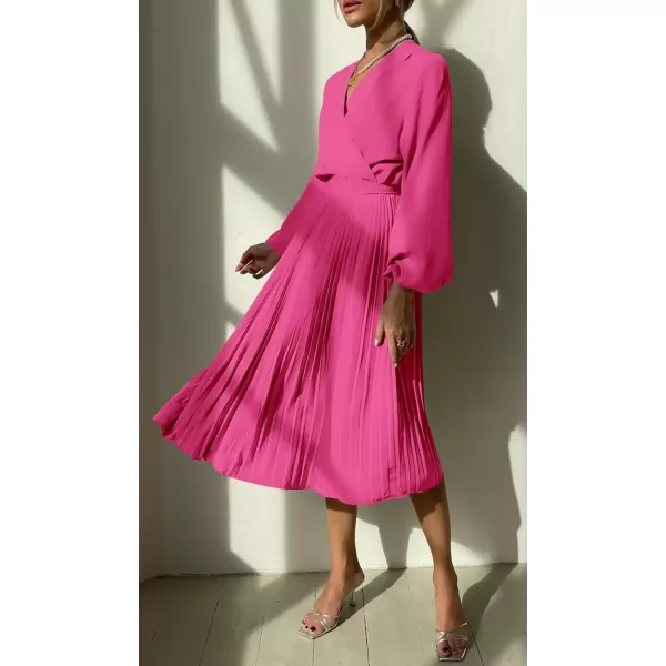 imagePRETTYGARDEN Womens Spring Midi Dress Long Puff Sleeve Wrap V Neck Flowy Ruffle Pleated Casual Fall DressesRose Red