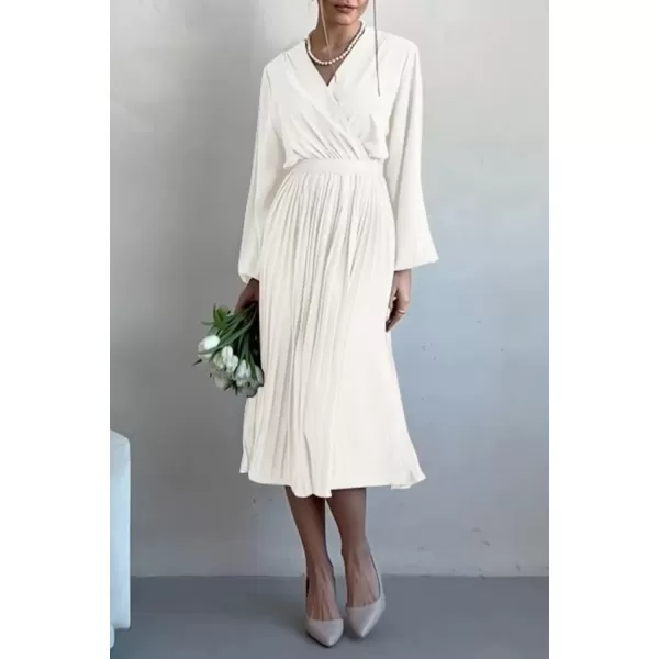 imagePRETTYGARDEN Womens Spring Midi Dress Long Puff Sleeve Wrap V Neck Flowy Ruffle Pleated Casual Fall DressesWhite