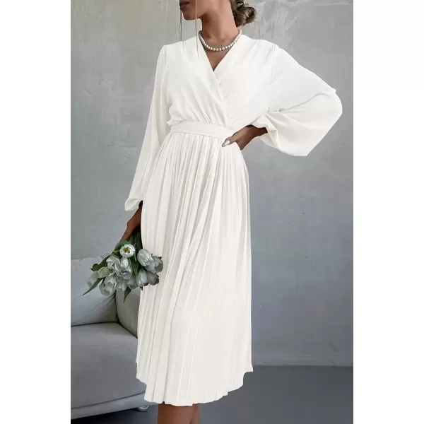 imagePRETTYGARDEN Womens Spring Midi Dress Long Puff Sleeve Wrap V Neck Flowy Ruffle Pleated Casual Fall DressesWhite