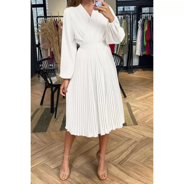imagePRETTYGARDEN Womens Spring Midi Dress Long Puff Sleeve Wrap V Neck Flowy Ruffle Pleated Casual Fall DressesWhite