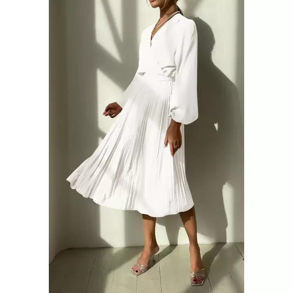 imagePRETTYGARDEN Womens Spring Midi Dress Long Puff Sleeve Wrap V Neck Flowy Ruffle Pleated Casual Fall DressesWhite