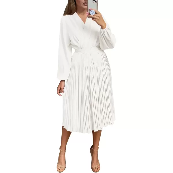 imagePRETTYGARDEN Womens Spring Midi Dress Long Puff Sleeve Wrap V Neck Flowy Ruffle Pleated Casual Fall DressesWhite