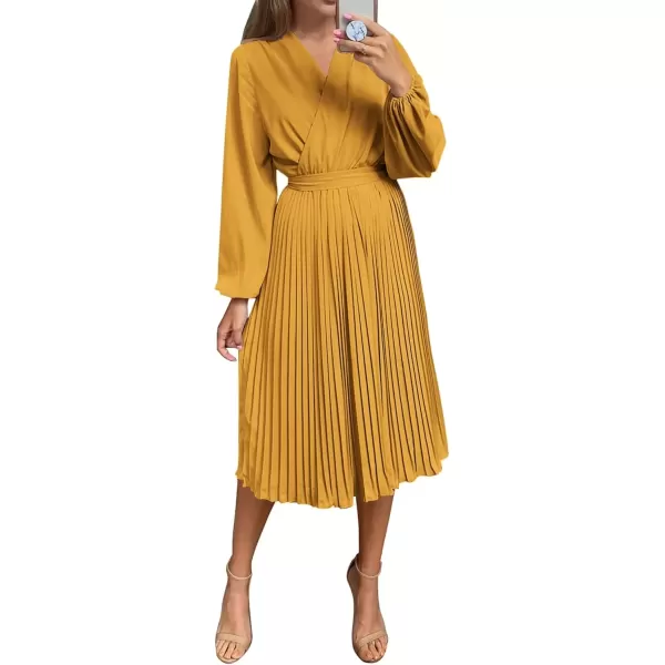 imagePRETTYGARDEN Womens Spring Midi Dress Long Puff Sleeve Wrap V Neck Flowy Ruffle Pleated Casual Fall DressesYellow