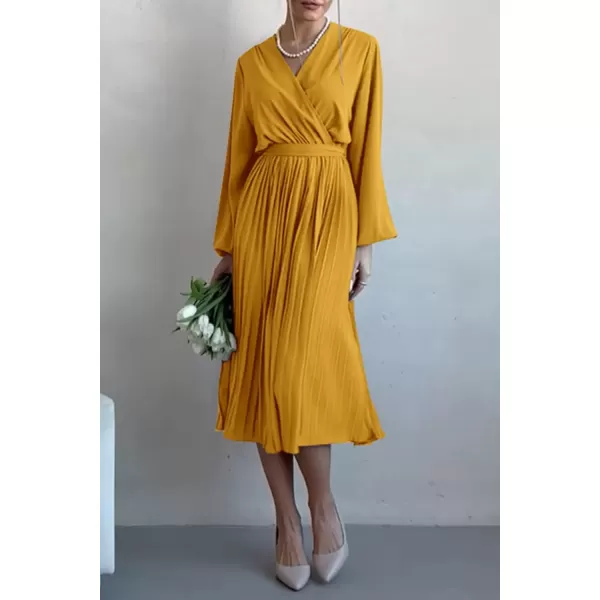 imagePRETTYGARDEN Womens Spring Midi Dress Long Puff Sleeve Wrap V Neck Flowy Ruffle Pleated Casual Fall DressesYellow