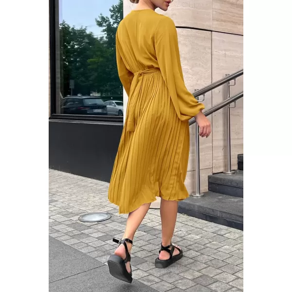 imagePRETTYGARDEN Womens Spring Midi Dress Long Puff Sleeve Wrap V Neck Flowy Ruffle Pleated Casual Fall DressesYellow