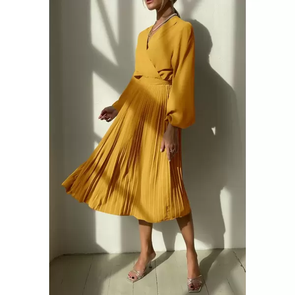 imagePRETTYGARDEN Womens Spring Midi Dress Long Puff Sleeve Wrap V Neck Flowy Ruffle Pleated Casual Fall DressesYellow