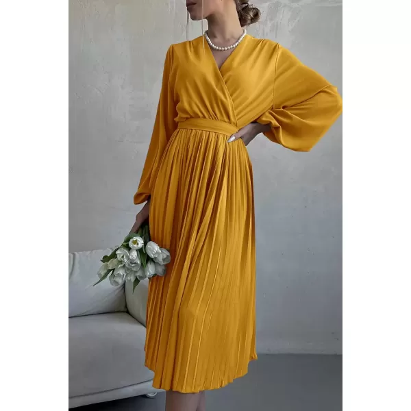 imagePRETTYGARDEN Womens Spring Midi Dress Long Puff Sleeve Wrap V Neck Flowy Ruffle Pleated Casual Fall DressesYellow