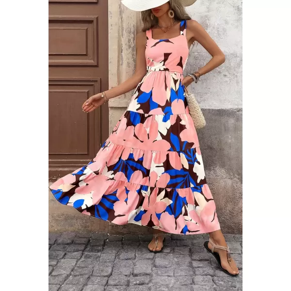 imagePRETTYGARDEN Womens Summer Floral Maxi Dress Sleeveless Smocked Tiered Ruffle Long Flowy Cute Casual Beach Boho SundressesFloral Coffee Pink