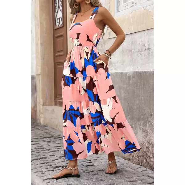 imagePRETTYGARDEN Womens Summer Floral Maxi Dress Sleeveless Smocked Tiered Ruffle Long Flowy Cute Casual Beach Boho SundressesFloral Coffee Pink