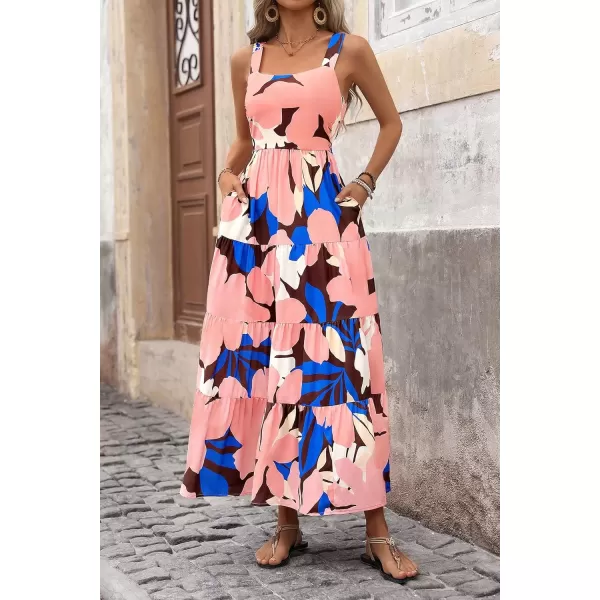 imagePRETTYGARDEN Womens Summer Floral Maxi Dress Sleeveless Smocked Tiered Ruffle Long Flowy Cute Casual Beach Boho SundressesFloral Coffee Pink