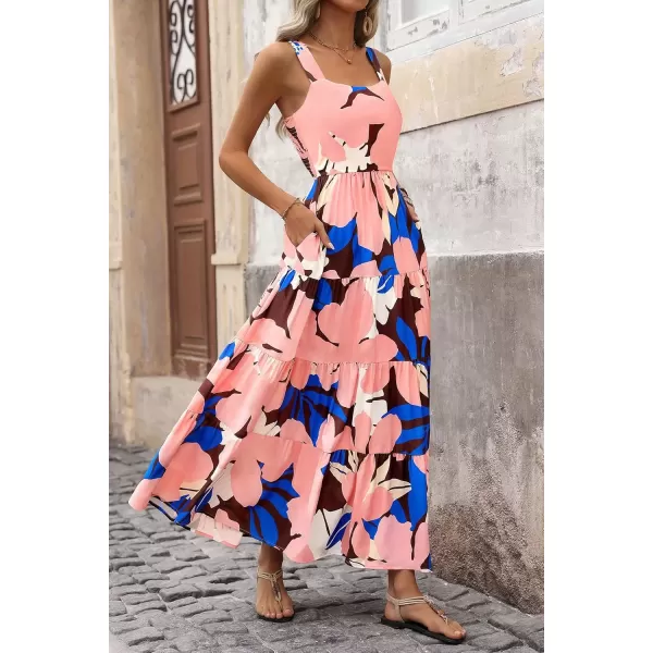 imagePRETTYGARDEN Womens Summer Floral Maxi Dress Sleeveless Smocked Tiered Ruffle Long Flowy Cute Casual Beach Boho SundressesFloral Coffee Pink
