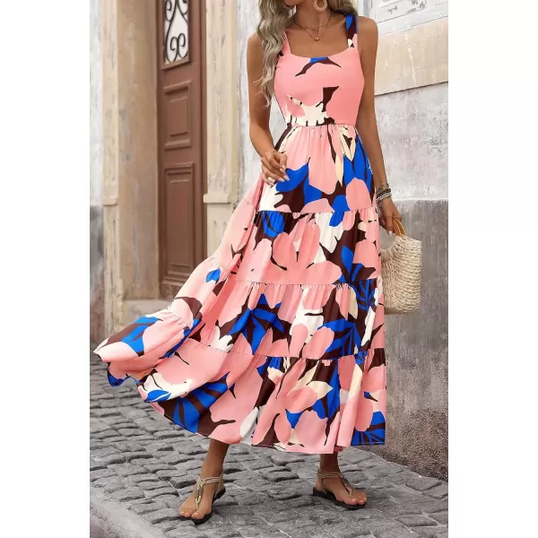 imagePRETTYGARDEN Womens Summer Floral Maxi Dress Sleeveless Smocked Tiered Ruffle Long Flowy Cute Casual Beach Boho SundressesFloral Coffee Pink