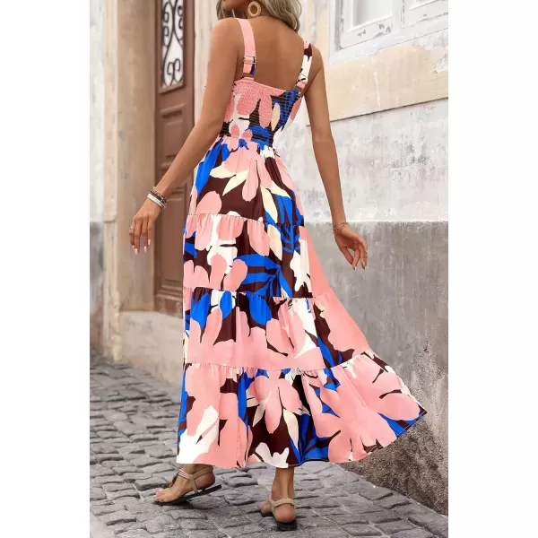 imagePRETTYGARDEN Womens Summer Floral Maxi Dress Sleeveless Smocked Tiered Ruffle Long Flowy Cute Casual Beach Boho SundressesFloral Coffee Pink
