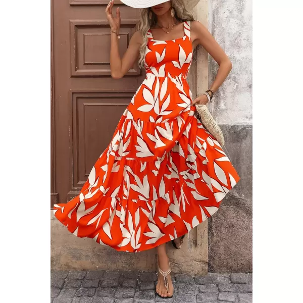 imagePRETTYGARDEN Womens Summer Floral Maxi Dress Sleeveless Smocked Tiered Ruffle Long Flowy Cute Casual Beach Boho SundressesFloral Orange Beige