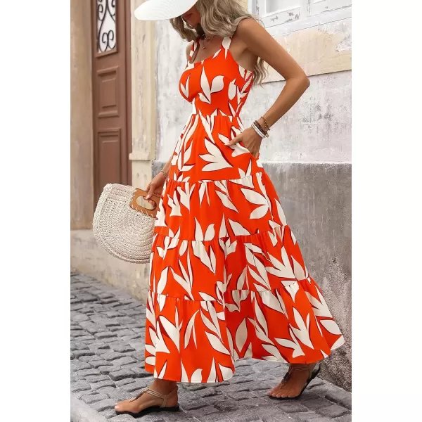 imagePRETTYGARDEN Womens Summer Floral Maxi Dress Sleeveless Smocked Tiered Ruffle Long Flowy Cute Casual Beach Boho SundressesFloral Orange Beige