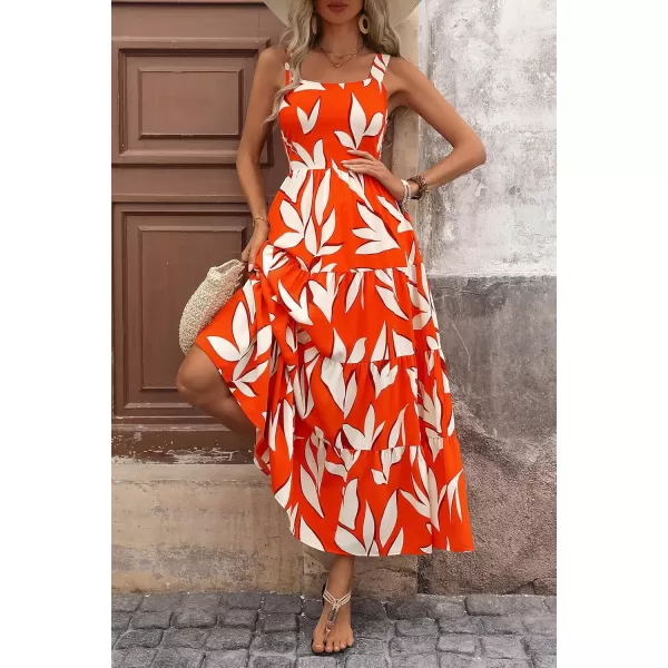 imagePRETTYGARDEN Womens Summer Floral Maxi Dress Sleeveless Smocked Tiered Ruffle Long Flowy Cute Casual Beach Boho SundressesFloral Orange Beige