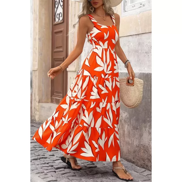 imagePRETTYGARDEN Womens Summer Floral Maxi Dress Sleeveless Smocked Tiered Ruffle Long Flowy Cute Casual Beach Boho SundressesFloral Orange Beige