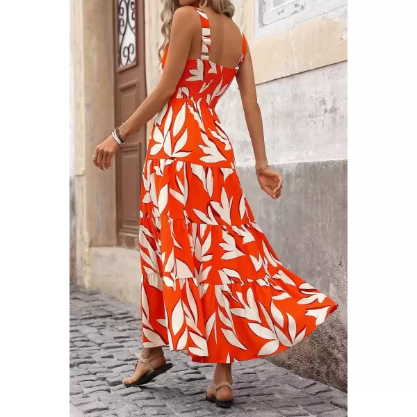 imagePRETTYGARDEN Womens Summer Floral Maxi Dress Sleeveless Smocked Tiered Ruffle Long Flowy Cute Casual Beach Boho SundressesFloral Orange Beige