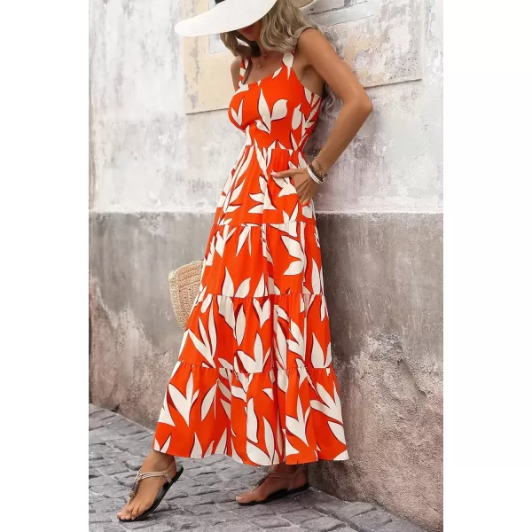 imagePRETTYGARDEN Womens Summer Floral Maxi Dress Sleeveless Smocked Tiered Ruffle Long Flowy Cute Casual Beach Boho SundressesFloral Orange Beige