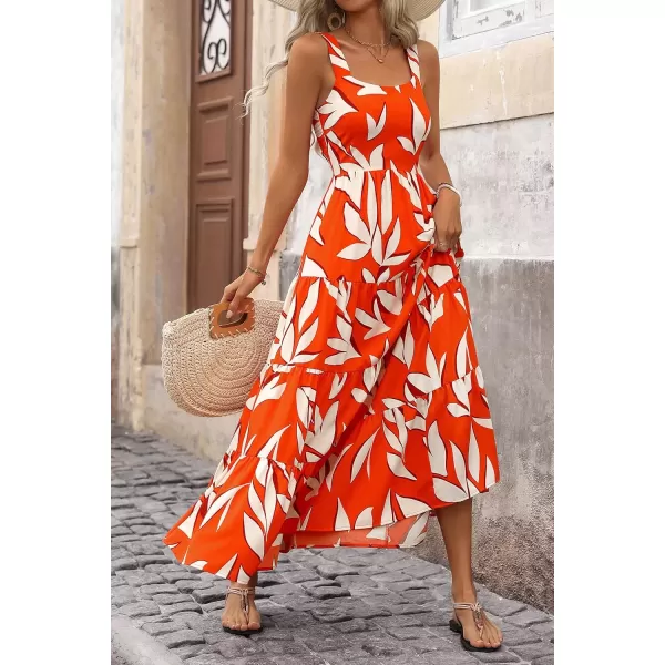 imagePRETTYGARDEN Womens Summer Floral Maxi Dress Sleeveless Smocked Tiered Ruffle Long Flowy Cute Casual Beach Boho SundressesFloral Orange Beige