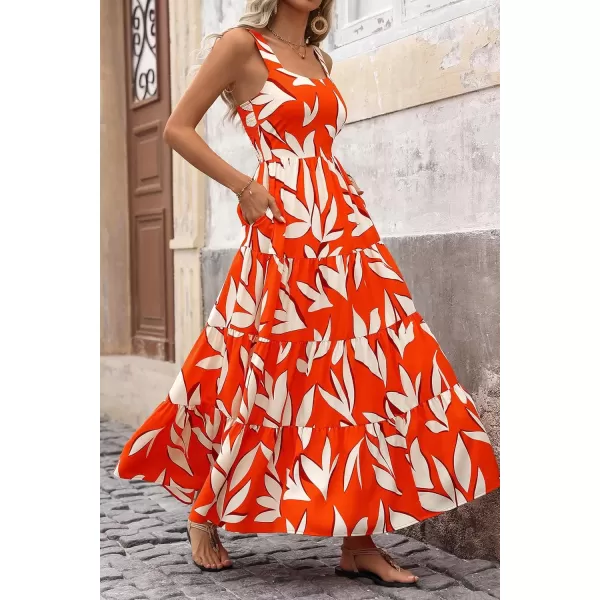 imagePRETTYGARDEN Womens Summer Floral Maxi Dress Sleeveless Smocked Tiered Ruffle Long Flowy Cute Casual Beach Boho SundressesFloral Orange Beige