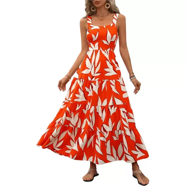 imagePRETTYGARDEN Womens Summer Floral Maxi Dress Sleeveless Smocked Tiered Ruffle Long Flowy Cute Casual Beach Boho SundressesFloral Orange Beige